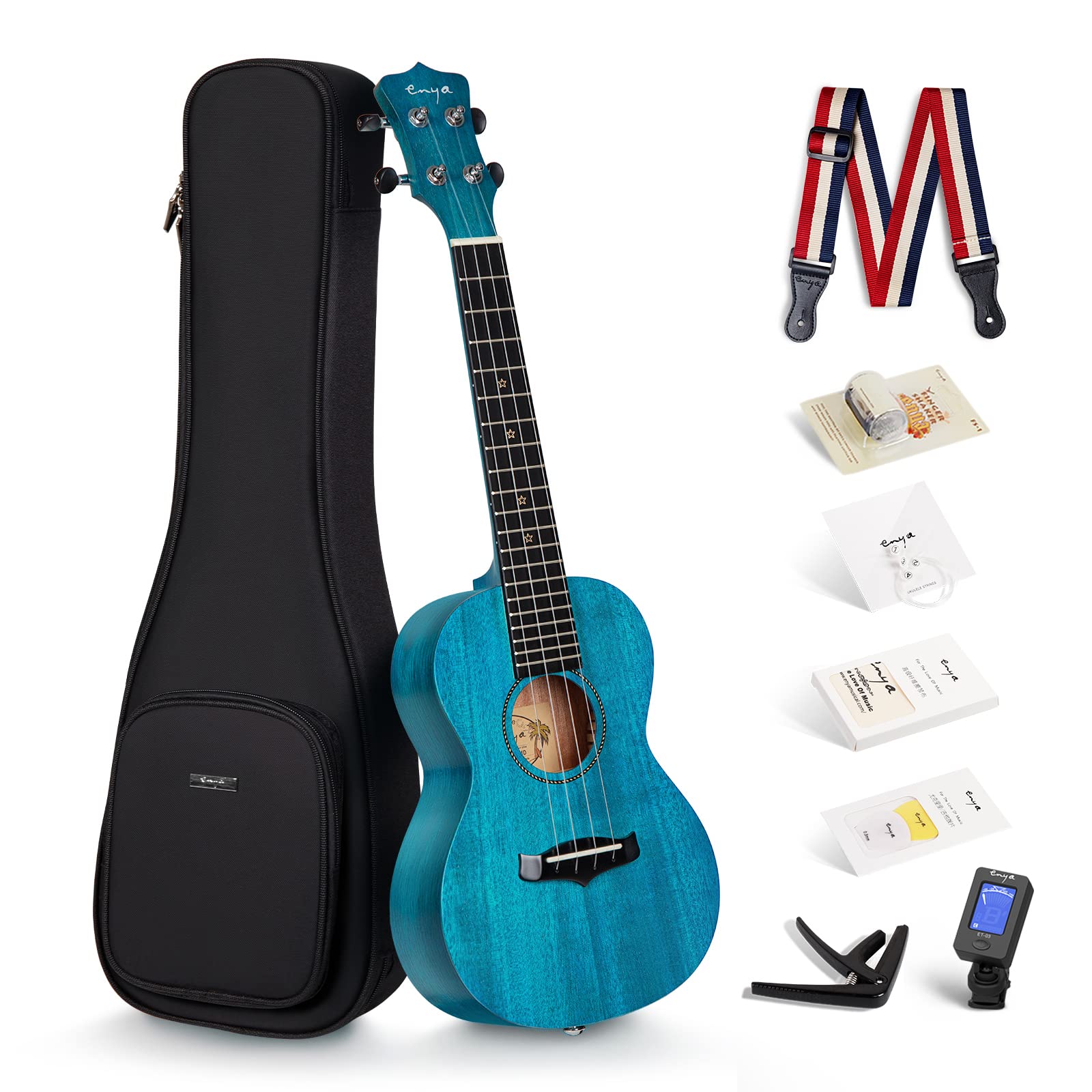 Enya Concert Ukulele EUC-25D 23 Inch Solid Mahogany Top - Beginner Kit with Case, Tuner, Strap, Strings, Capo, Sand Shaker, Pick, Polish Cloth - Professional Sound for Beginners & Adults (Blue Color)