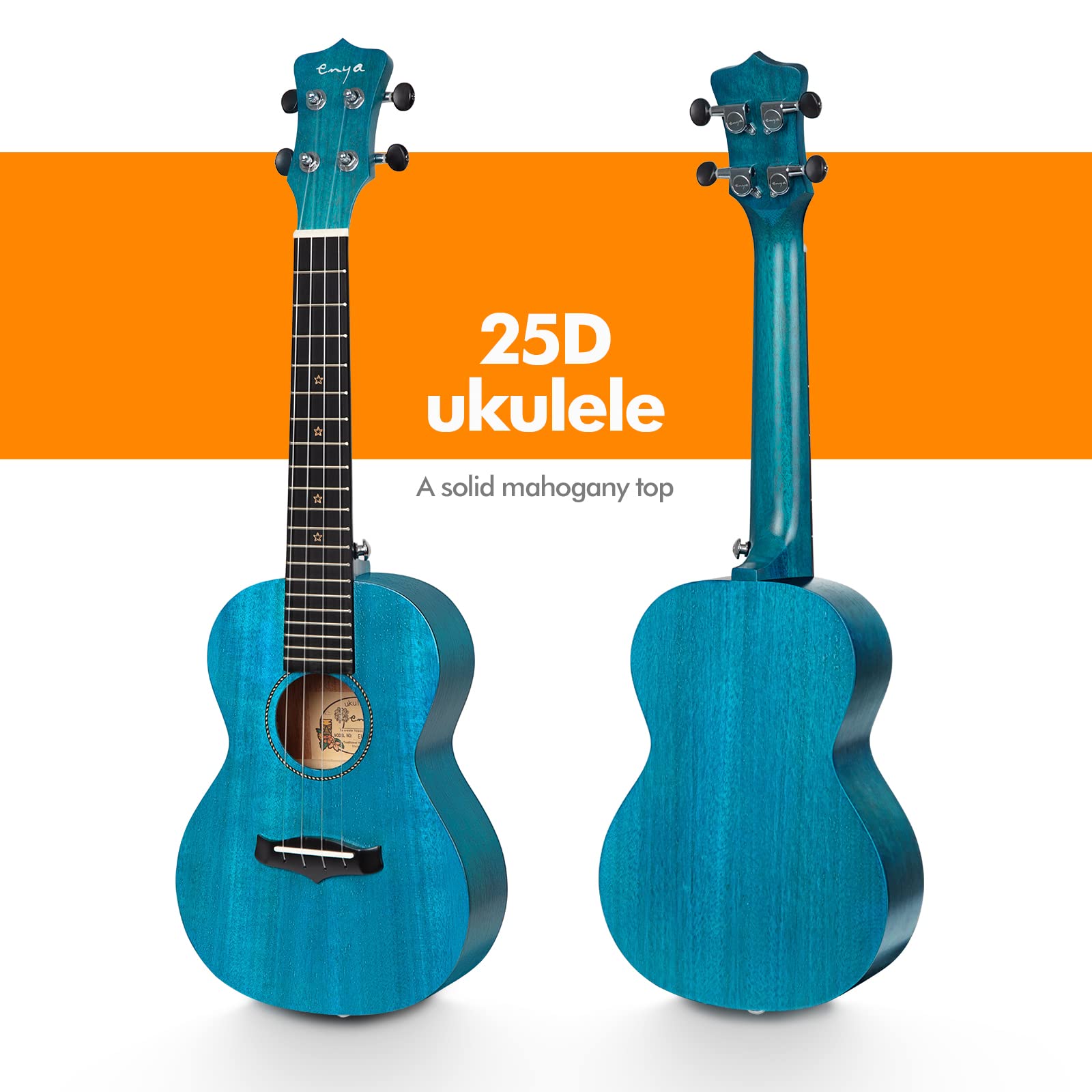 Enya Concert Ukulele EUC-25D 23 Inch Solid Mahogany Top - Beginner Kit with Case, Tuner, Strap, Strings, Capo, Sand Shaker, Pick, Polish Cloth - Professional Sound for Beginners & Adults (Blue Color) - Image 2